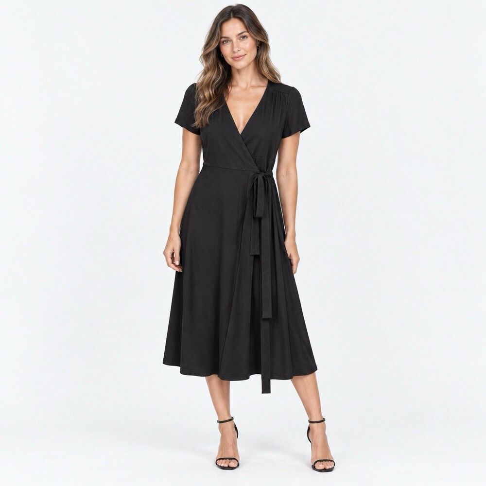 Pact Wrap Dress Size M Black Organic Cotton Tie Waist Midi Cocktail Attire